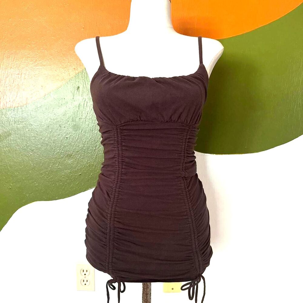 Vintage Y2K Babydoll Brown Ruched milkmaid Tank top bow Sz M fairy grunge emo